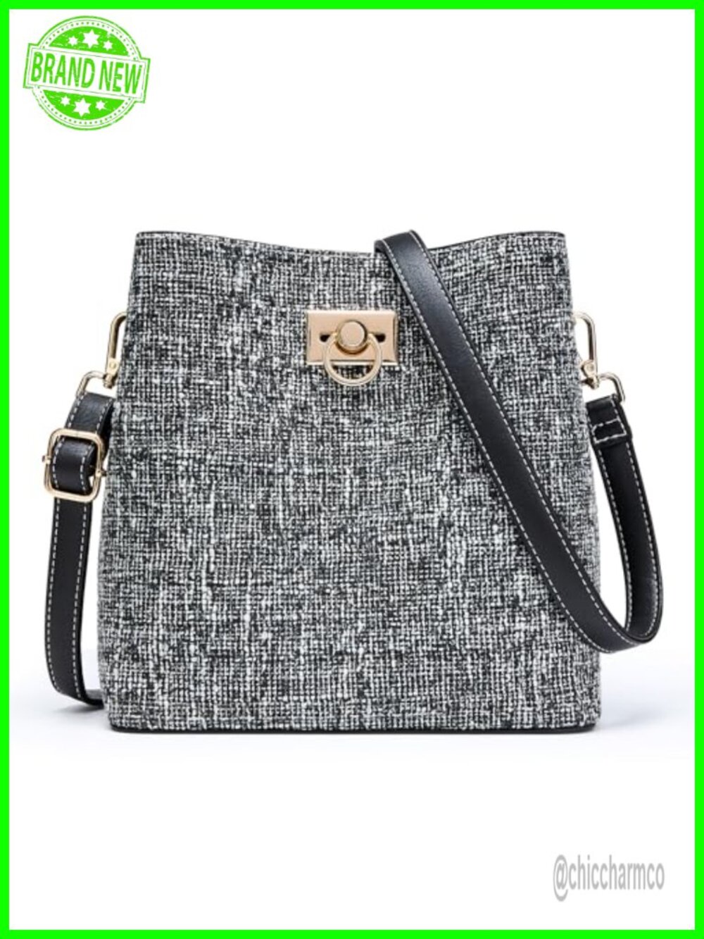 Vegan Leather Bucket Crossbody Bag Multi Pocket Twist Lock Purse